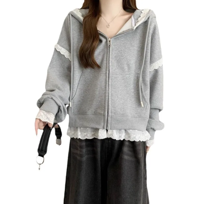 Original Workmanship Hooded Cardigan Jacket Women's plus Size Slimming High-End Lace Flower Edge Autumn Outerwear