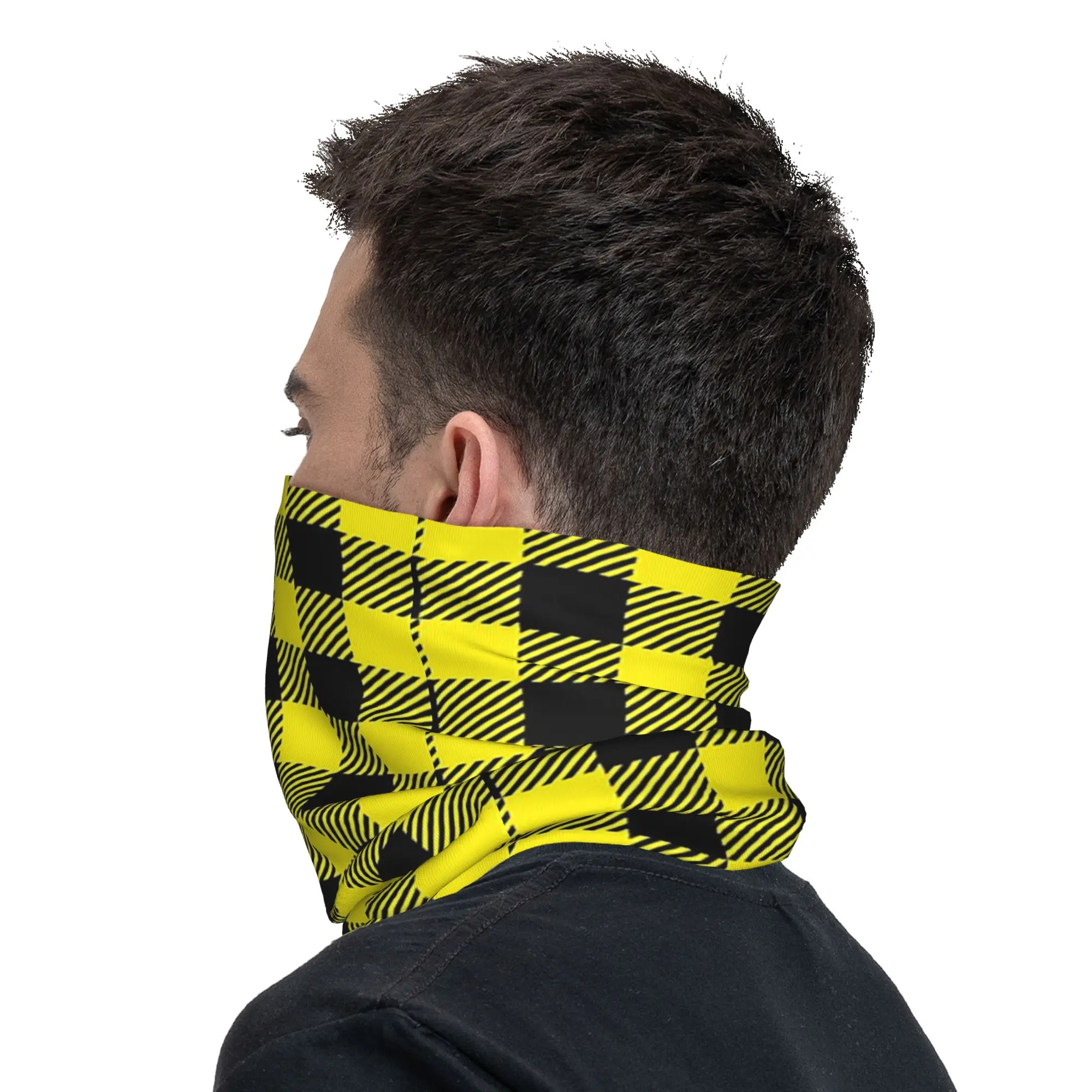Yellow And Black Buffalo Check Pattern Bandana Neck Gaiter Printed Magic Scarf Multifunction Cycling Scarf Hiking Fishing Unisex view 6