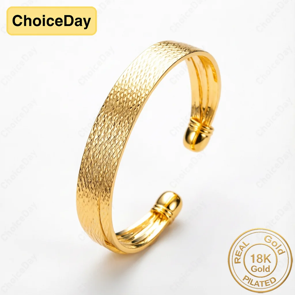 

18K Gold Plated Exquisite Textured Open Bangle for Women, Fashionable Wedding and Party Jewelry