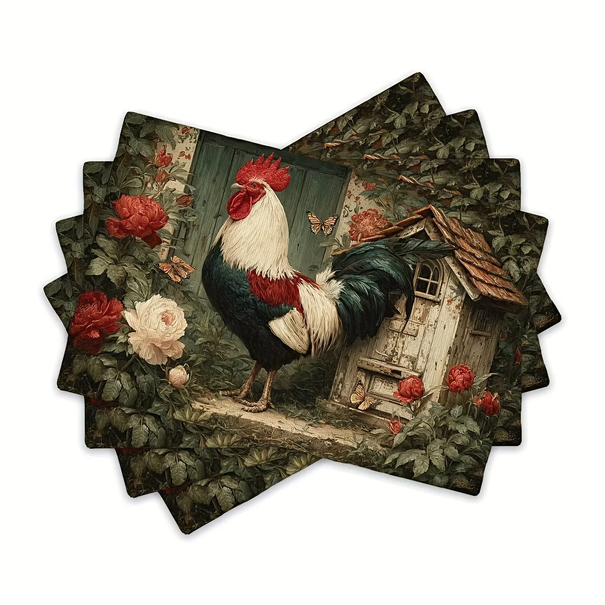 4/6/8pcs Linen Placemat Set Of 4 Vintage Rooster And Rose Garden Design Country Style Table Mat For Kitchen