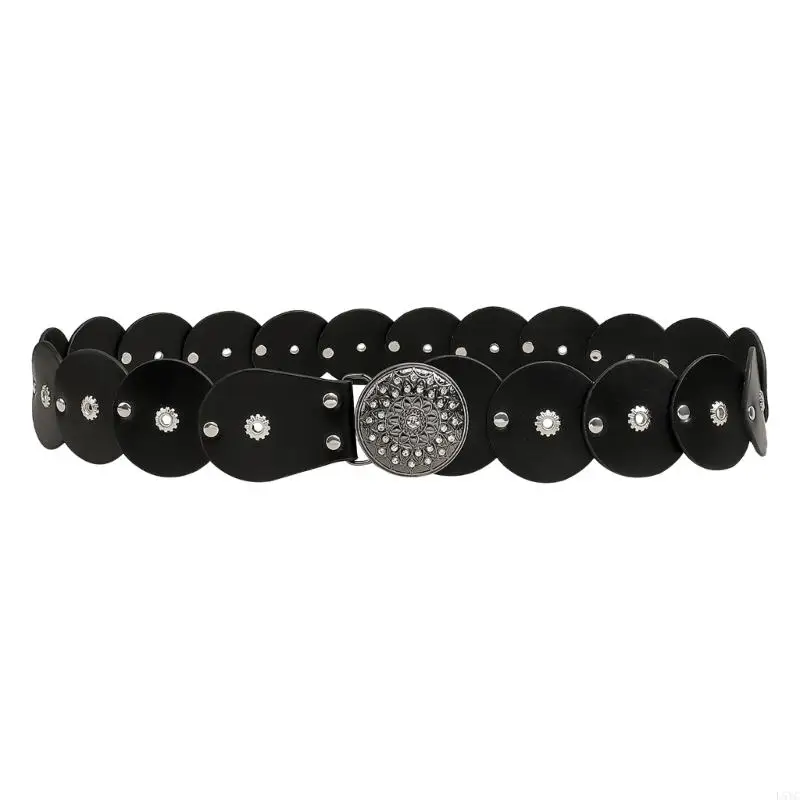 

L5YC Fashionable PU Belt With Metal Rivets Adjustable Size 90-110cm Classical Black