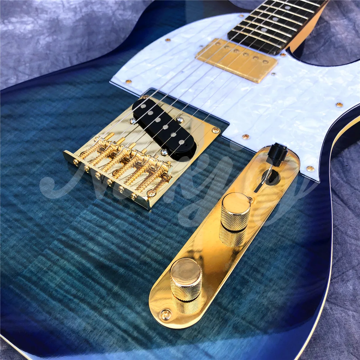 Factory Blue Flame Maple Top TL Electric Guitar,High Quality Gold Hardwares 6 Strings Solid Wood Guitarra