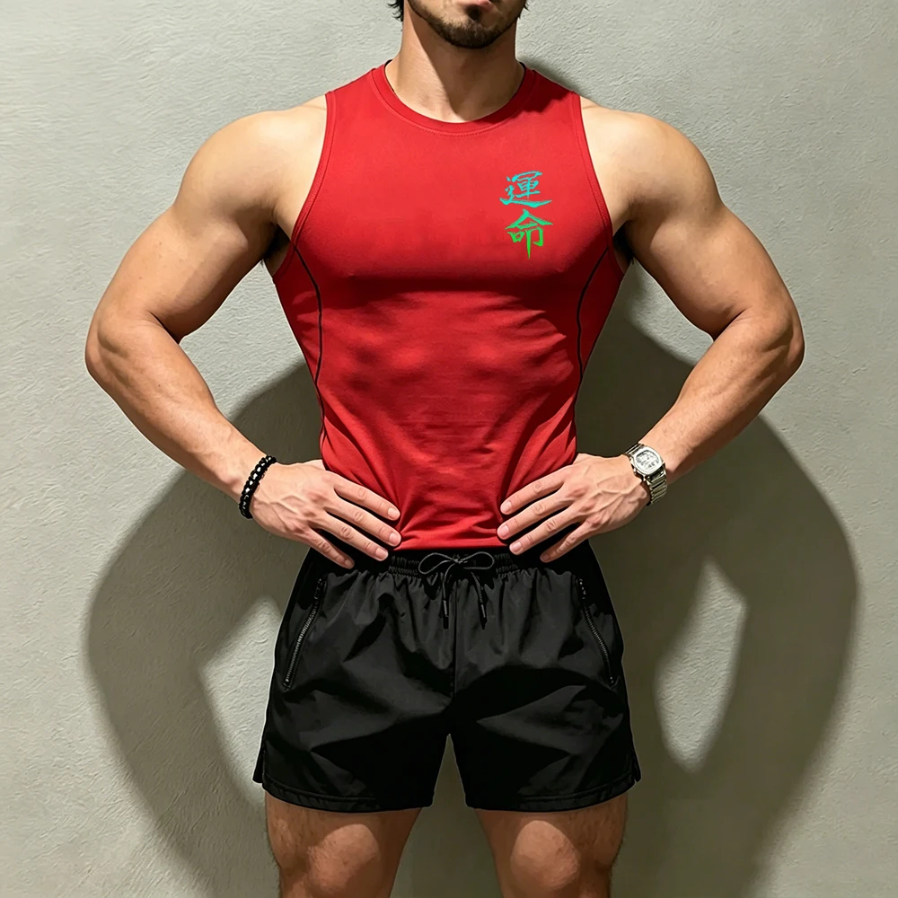 Camiseta sin mangas de compresión para hombre, de secado rápido, con bolsillos con doble cremallera, pantalones cortos con estampado de texto Kanji Unmei, conjunto de entrenamiento de 2 piezas.