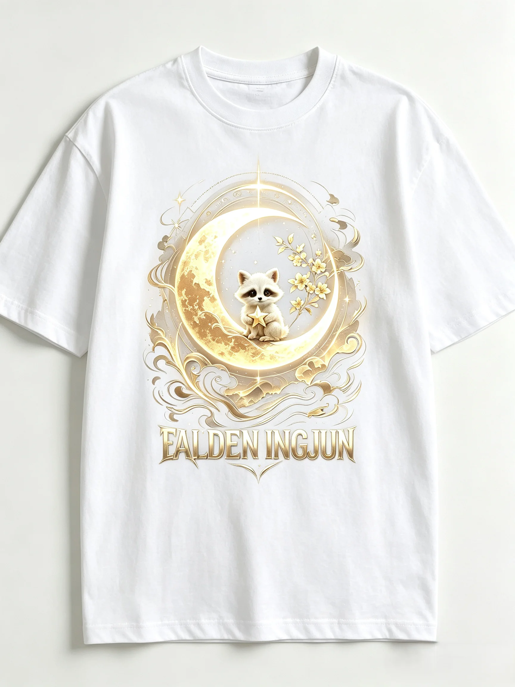 Unisex Golden Crescent Moon Raccoon Graphic T Shirt Men Women Mystic Cloud Flower Star Print Oversized Crew Neck Short Sleeve Casual Streetwear Cotton Top