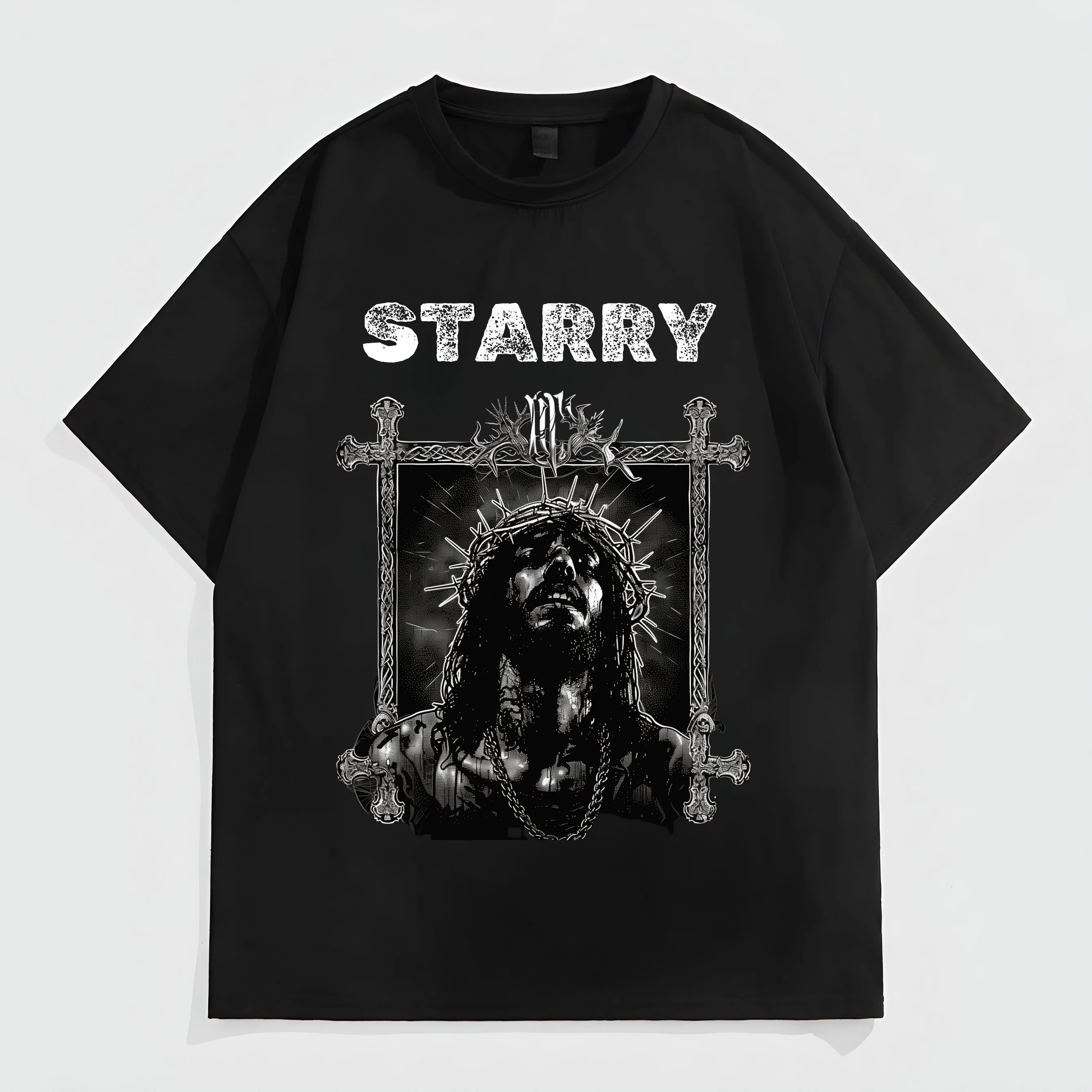 

Teevo Men's Oversized T-Shirt with Gothic Cross and Crown of Thorns Print for Casual Wear