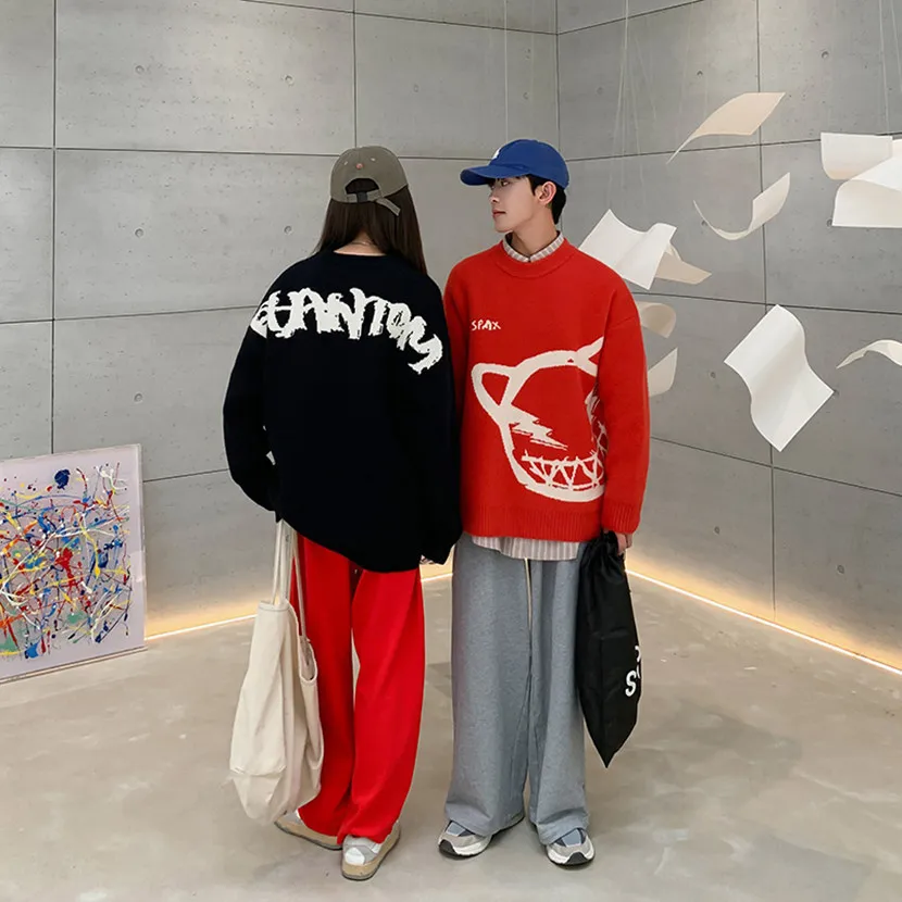 

Couples Knitted Sweater round Ne Warmth Print Casual Long Sve Woolen Spring Autumn Faionable American Loose Fit Geomet...