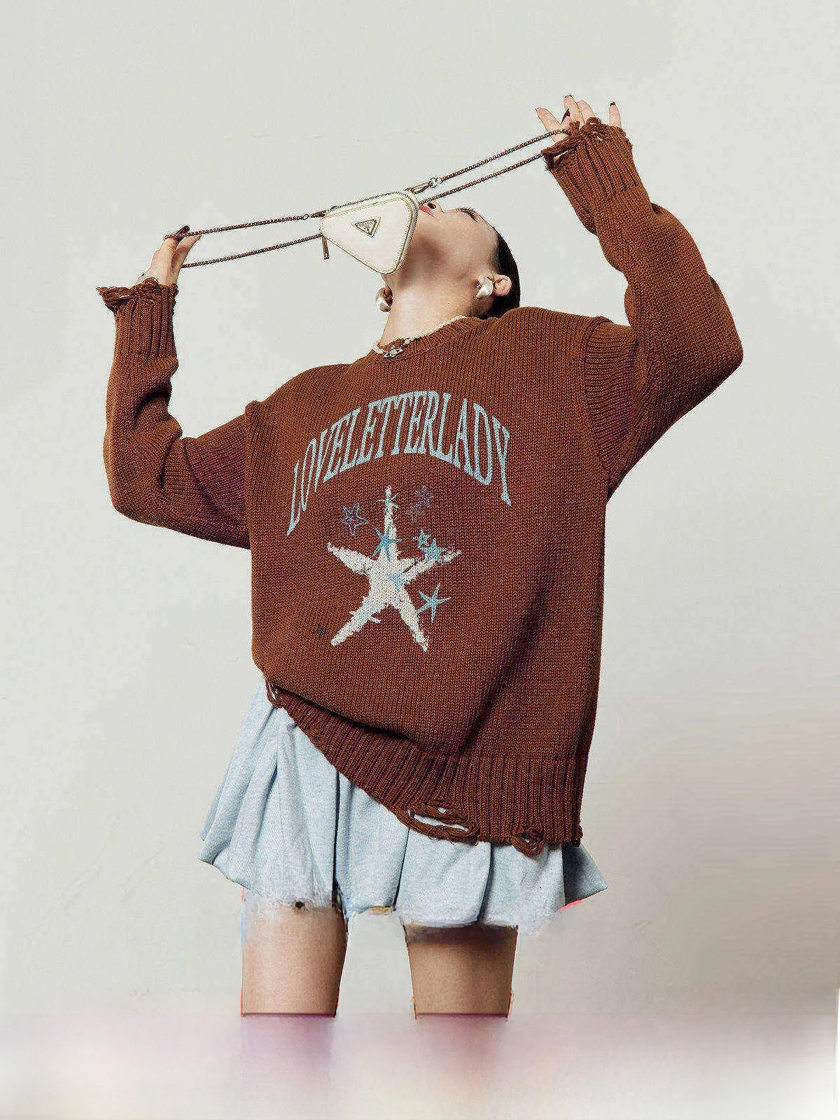 

Beach Star Coffee Color Women's Sweater Casual Print Loose Fit Spring New Style Knitted Long Sleeve Top by Zhou Li Wu
