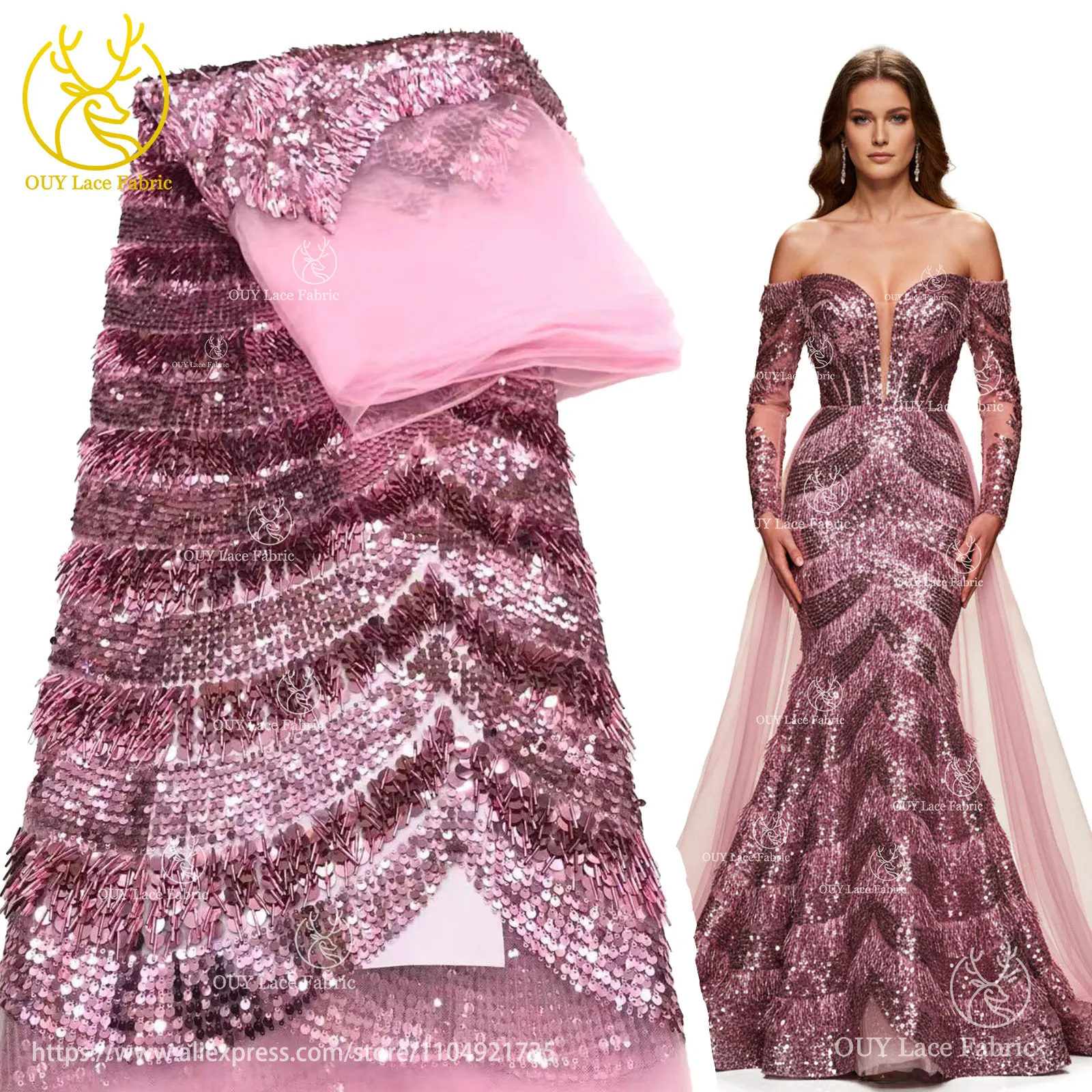 

Новейшая изысканная африканская кружевная ткань с блестками, 2025 г., высокое качество, нигерийский французский тюль, 3D вышивка блестками, кружевная ткань, платья