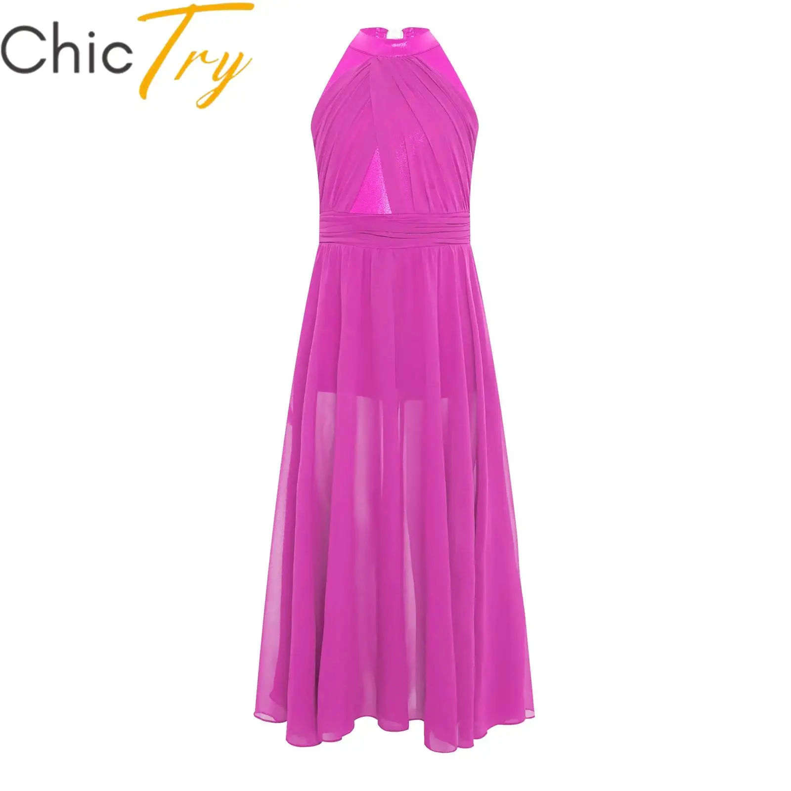 

Kids Girls Ballet Leotard Dress Modern Contemporary Dancewear Sleeveless Metallic Bodice Ruched Split Chiffon Lyrical Dresses