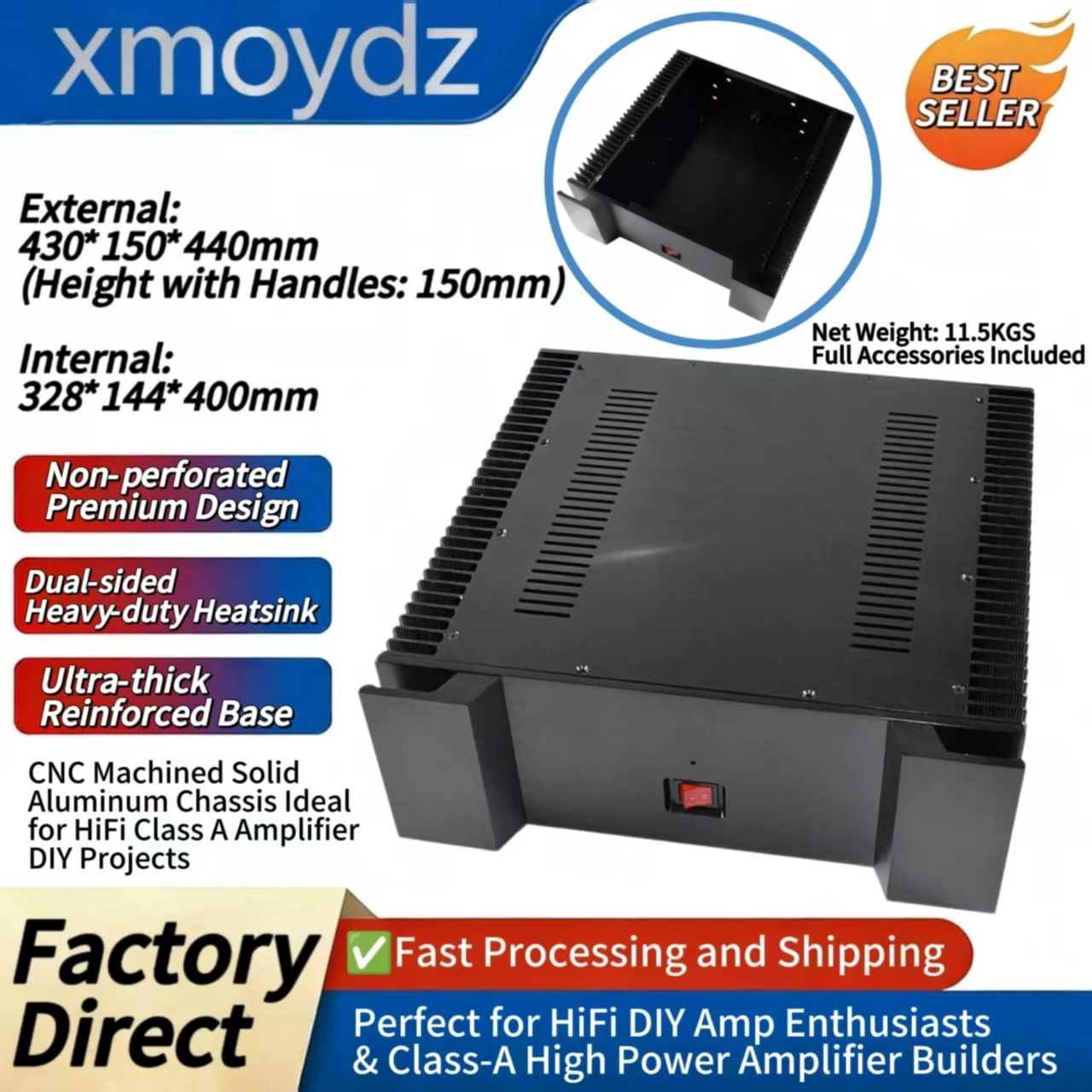 

Корпус для Hi-Fi усилителя DIY из алюминия, 430*150*440 мм, класс A, без перфорации, с двойным радиатором, матовый, внутренние размеры 328*144*400 мм