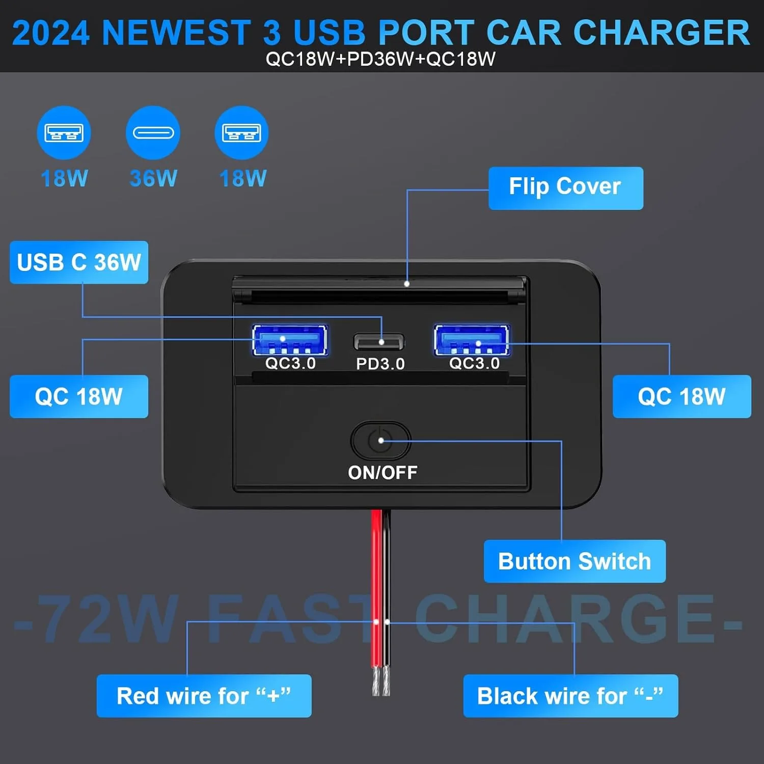 3 Ports 12V RV USB Outlet 72W Dual USB C 36W and Dual QC 3.0 18W Port Car Charger Socket Accessories for Car Bus RV Truck