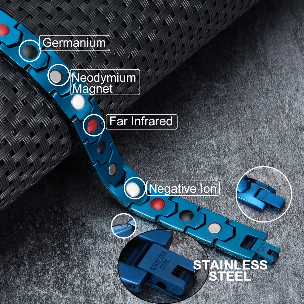 Vinterly Blue Bracelet Male Chain Link 11mm Health Energy Germanium Therapeutic Magnetic Men Luxury Stainless Steel Jewelry