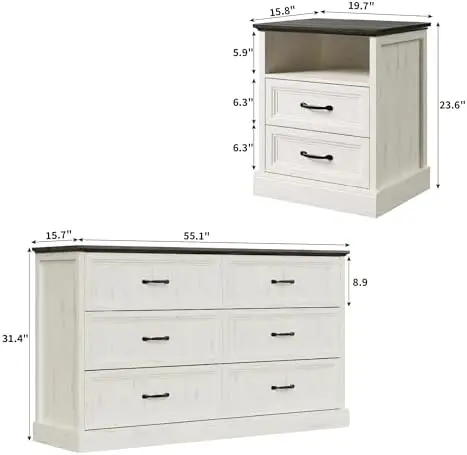 3 Pcs Farmhouse Dresser and Nightstand Sets for Bedroom, 6 Drawer Dresser & Nightstand Set of 2, Rustic Wooden Chest of
