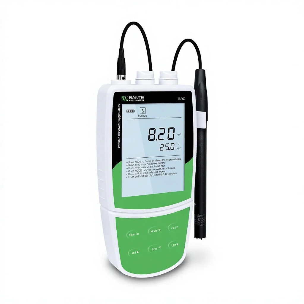 Medidor de oxígeno disuelto portátil Bante 820 de 3.5x1.2x6.7 pulgadas |   Cable de 10 pies, calibración de 1 y 2 puntos, 100 conjuntos de almacenamiento de datos USB