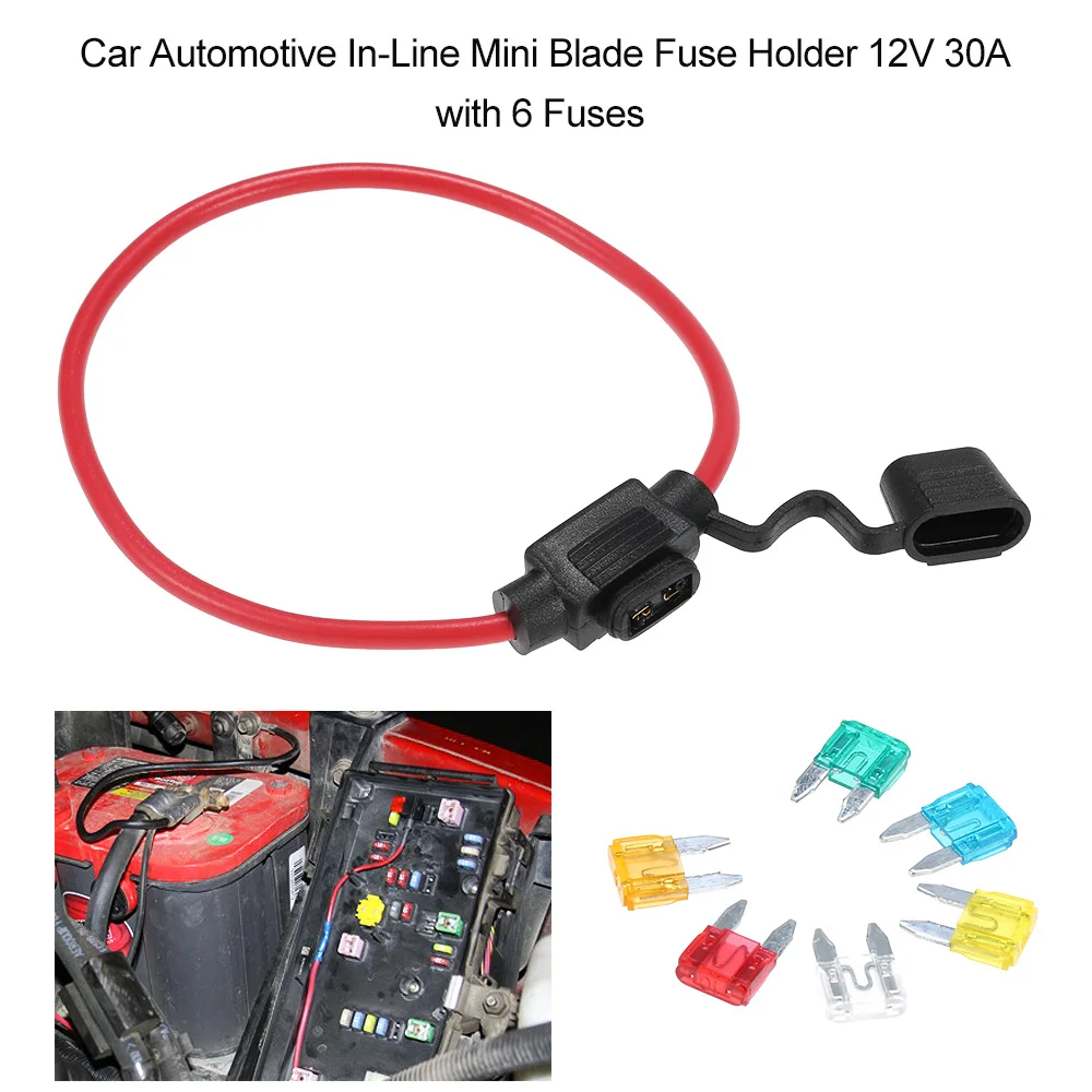 Car Automotive In-Line Mini Blade Fuse Holder 12V 30A with 6 Fuses 5A 10A 15A 20A 25A 30A Fuse Holder with Splashproof Casing