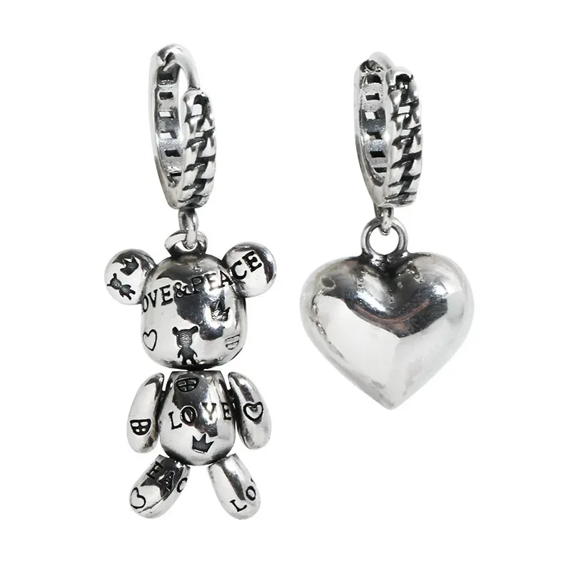 Prevent Allergy 925 Sterling Silver Hoop Earrings Vintage Accessories Little Bear LOVE Heart Asymmetric Party Jewelry