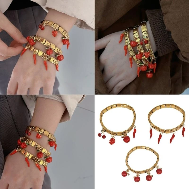 

Italian Inspired Mixed Charm Bracelet Unique Apples and Chili Pendant Wristband Stainless Steel Women Bangle Jewelry Y08E