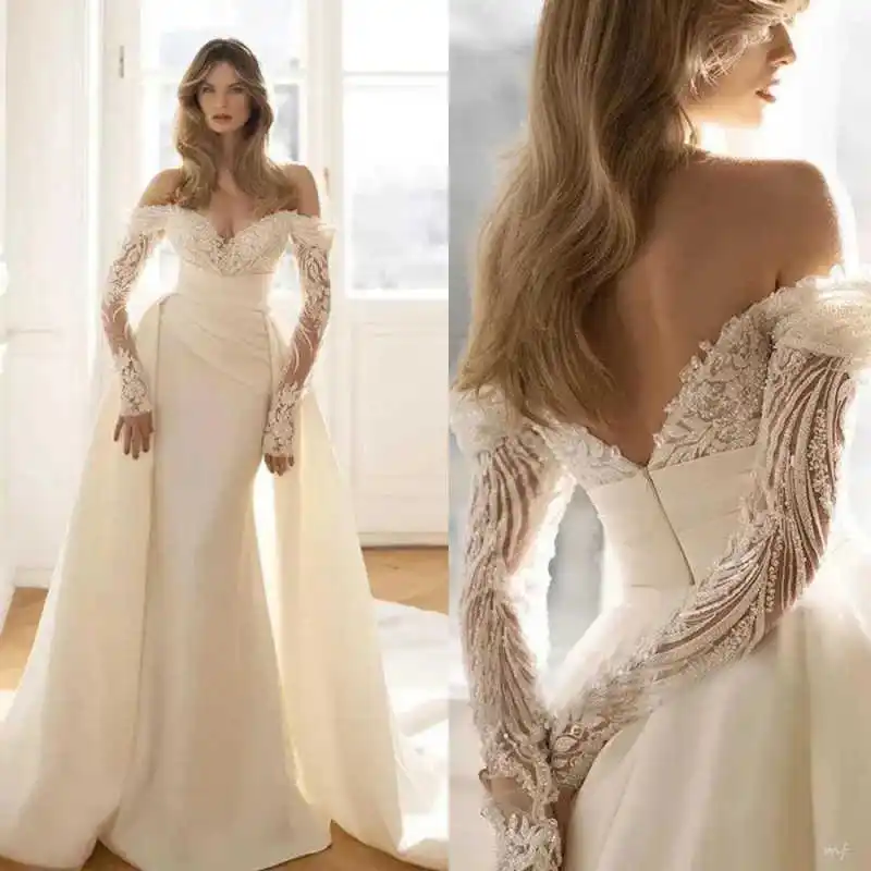 

Pretty Mermaid Bridal Gowns Off Shoulder Long Sleeve Appliques Wedding Dresses Beadeds Detachable Train Customized