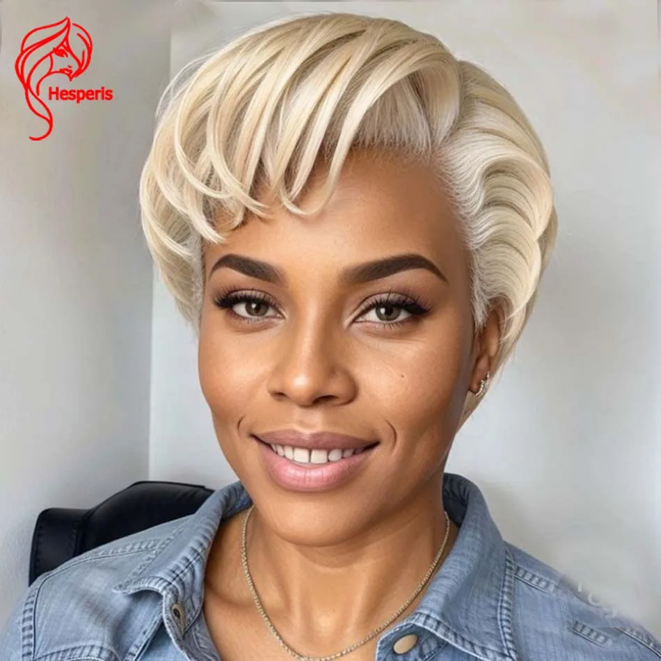 

Hesperis Short Bob Wave Transparent Lace Front Human Hair Wig With Bangs Brazilian Remy Blonde 613 Pixie Cut Bob Wig For Women