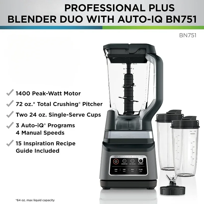 Professional Plus DUO Blender, 1400 Peak Watts, 3 Auto-IQ Programs for Smoothies, Frozen Drinks & Nutrient Extractions, BN751