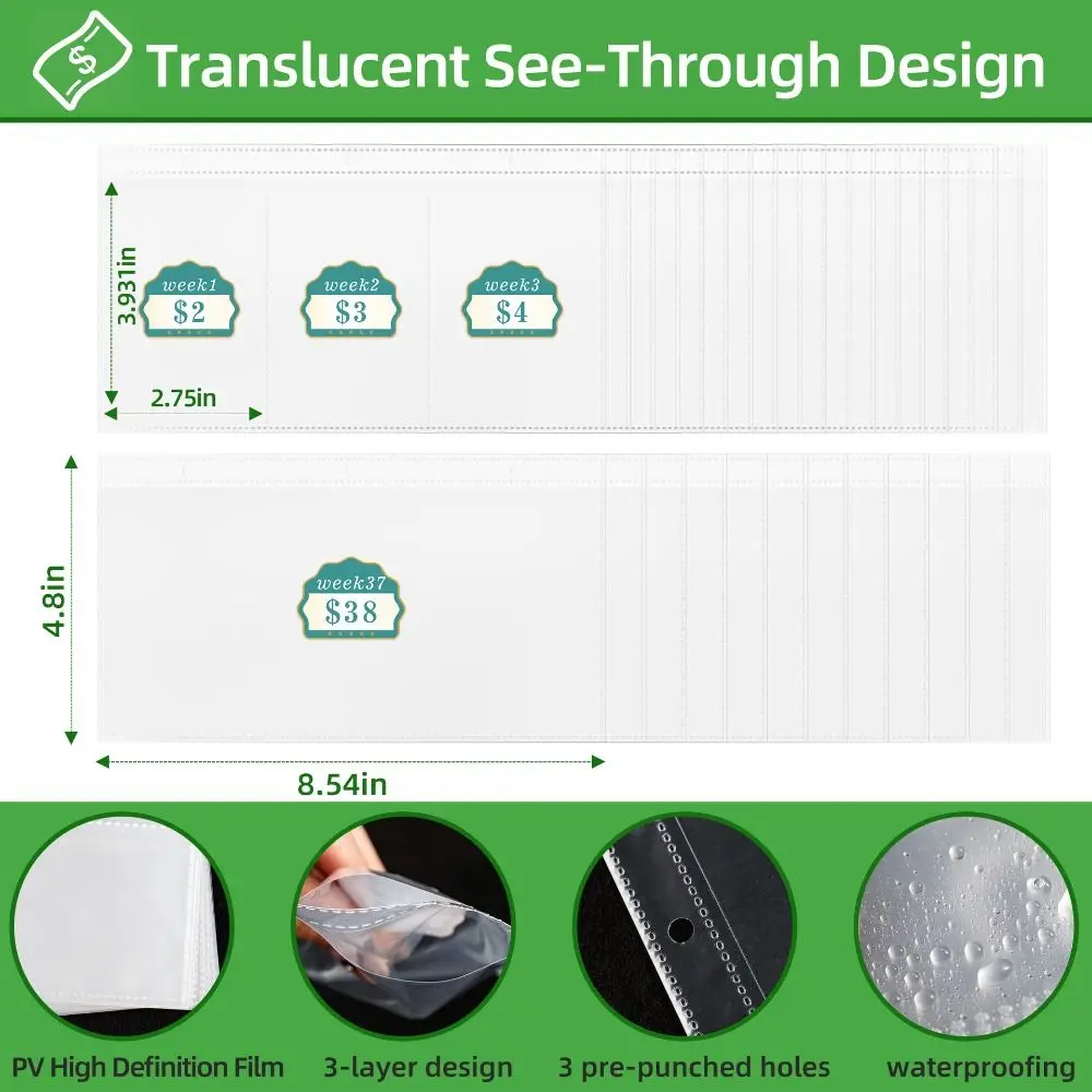 52 Weeks Envelope Challenge Binder Waterproof Colorful Savings Challenge Book Loose Leaf PU Leather Money Saving Challenge