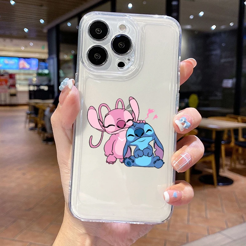 Couples Anime Stitch Transparent Mobile Phone Case for X XR 11 12 13 14 15 16 Plus Pro Max Kawaii All-inclusive Protective Cover