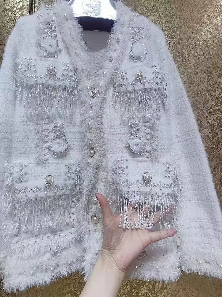 New In Beaded Crystal Tassel Autumn Winter Thick Warm Sweater Coat Women Long Sleeve Single Breasted Knitwear Cardigan Jacket