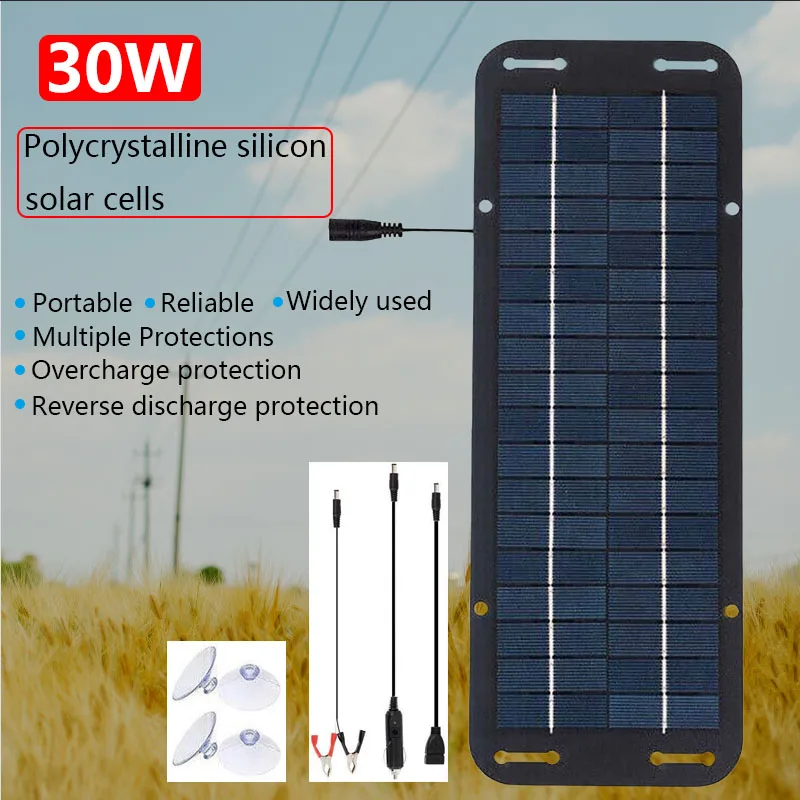 30W Portable Solar Panel Kit High-Efficiency Car Battery Solar Trickle Charger Solar Powered Charger for RVs Campers Tractors