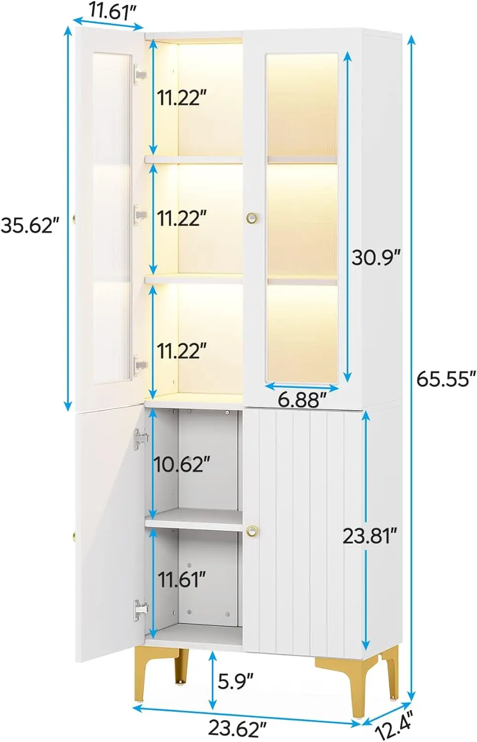 Bookcase with Doors and LED Light, White Bookshelf w/ 5-Tier Storage Shelves, Freestanding Tall Storage Cabinet for Living Room