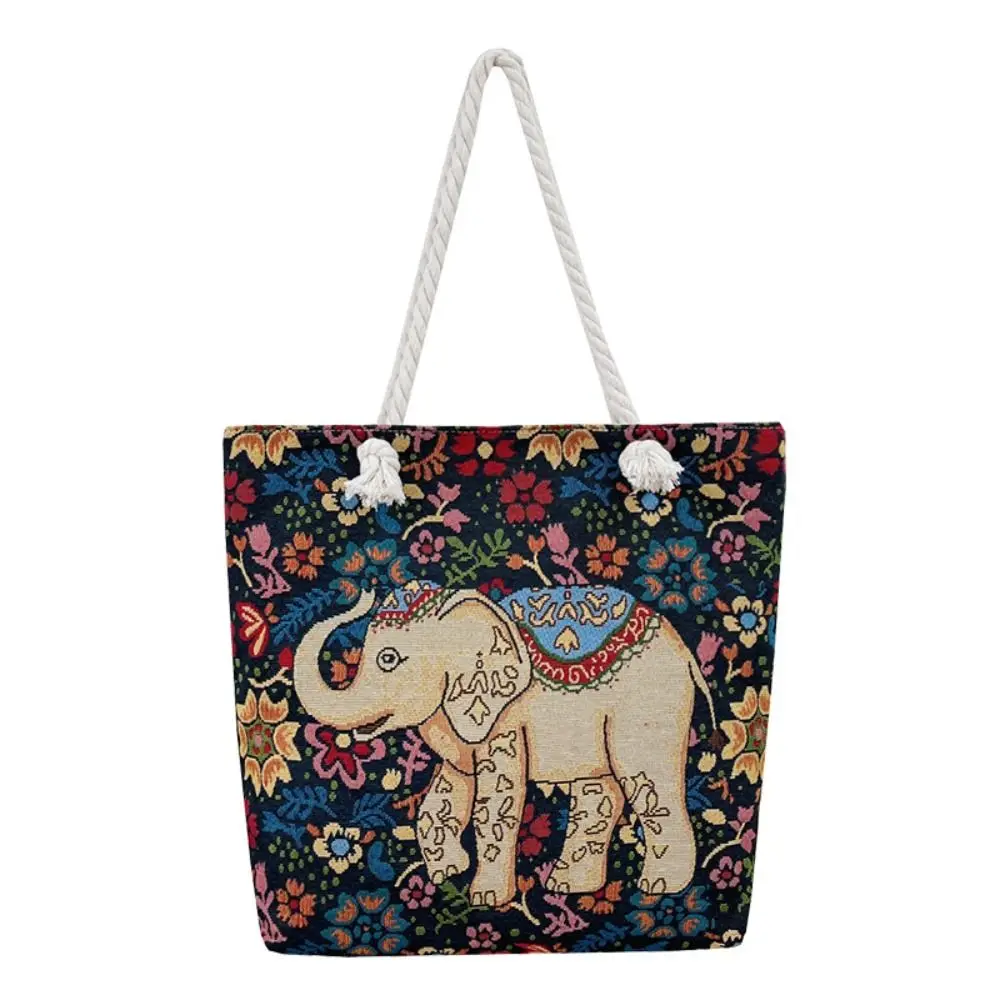 Bolso de mano de estilo étnico para mujer, bolsa de mano de lona con elefante bordado, bolso de hombro de gato, bolso de cosméticos