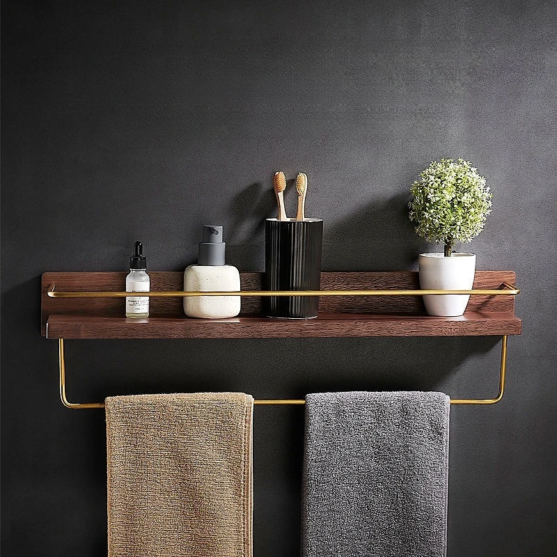 

Многофункциональная полка для хранения из орехового дерева с золотистым напылением, утолщенная, для полотенец и косметики, прочная и долговечная, для ванной комнаты