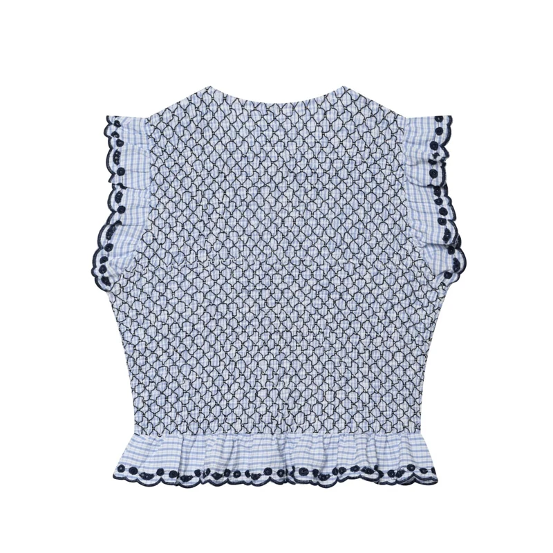 KEYANKETIAN 2026 Cropped Blouse Fitted Cut Front Button Placket, Smocked Mesh Bodice & Scallop Edge Ruffle Trim Detail Top