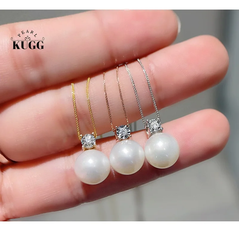 

KUGG PEARL 18K White/ Rose/Yellow Gold Necklace 9-10mm Natural Feshwater Pearl and Diamond Necklace for Women Anniversary Gift