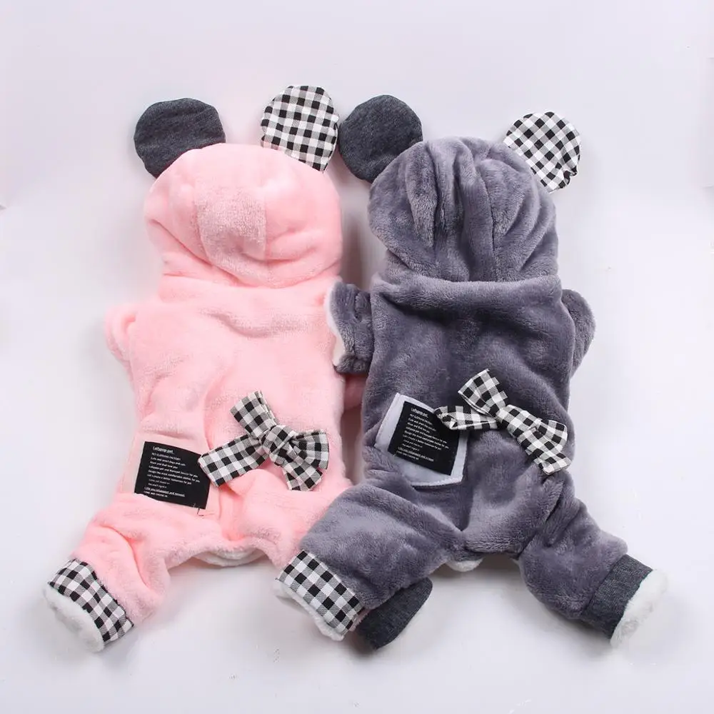 

Dog Pet Flannel Jumpsuit Coat Dog Clothes Plaid&Bow Winter Hoodie Jacket for Dogs Cats