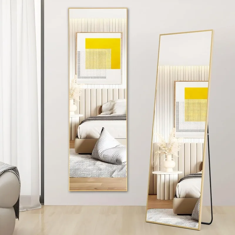 Miroir pleine longueur arqué avec support, miroir de sol avec cadre en alliage d'aluminium pour chambre à coucher, miroir sur pied complet, 59 po x 16 po