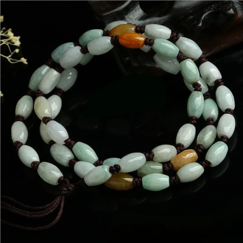 Natural Jadeite Rice Bead Pendant, Lanyard, Three-color Jade Pendant.