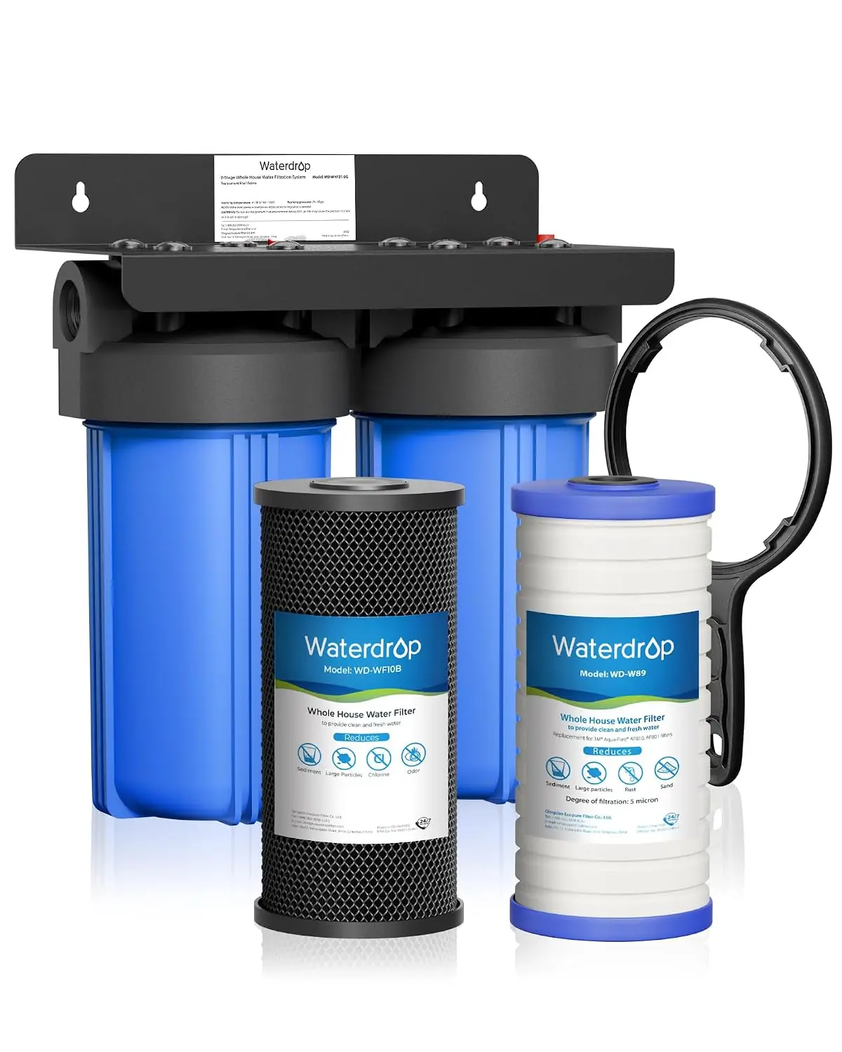 Waterdrop WHF21-BG 2-Stage Whole House Water Filter System, 5 Micron Highly Reduces Chlorine, Taste, Odor, 5-Stage Filtration, with CTO Carbon Filter and Sediment Filter, 1" Inlet/Outlet