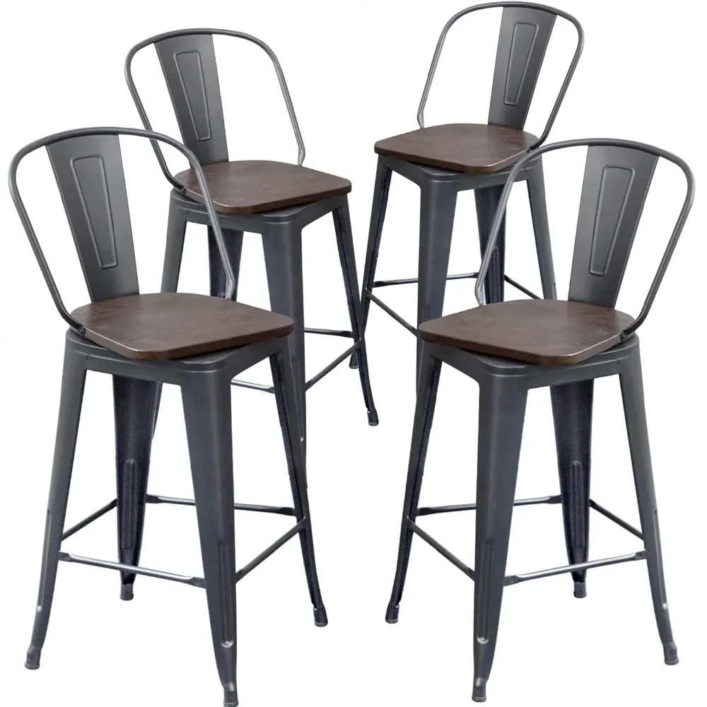 Taburetes de barra giratorios de Metal, Juego de 4 taburetes de mostrador de altura, sillas de barra de Metal giratorias con respaldo, asiento de madera, 26 pulgadas