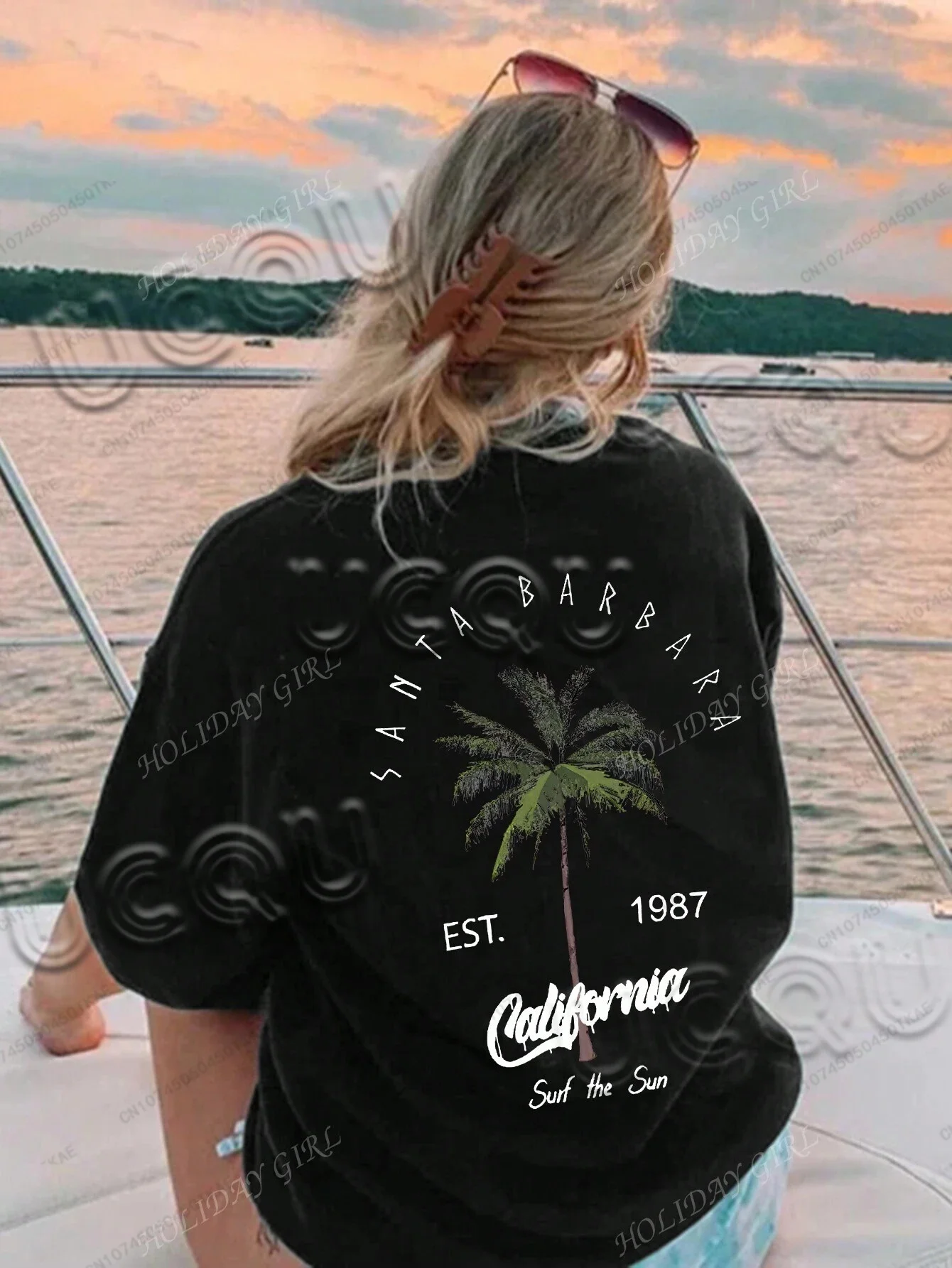 Women's Casual Crew Neck Tiki Bar Palm Tree & Letter Print Vacation Style Short Sleeve T-Shirt Harajuku Y2K Unisex Oversized Top