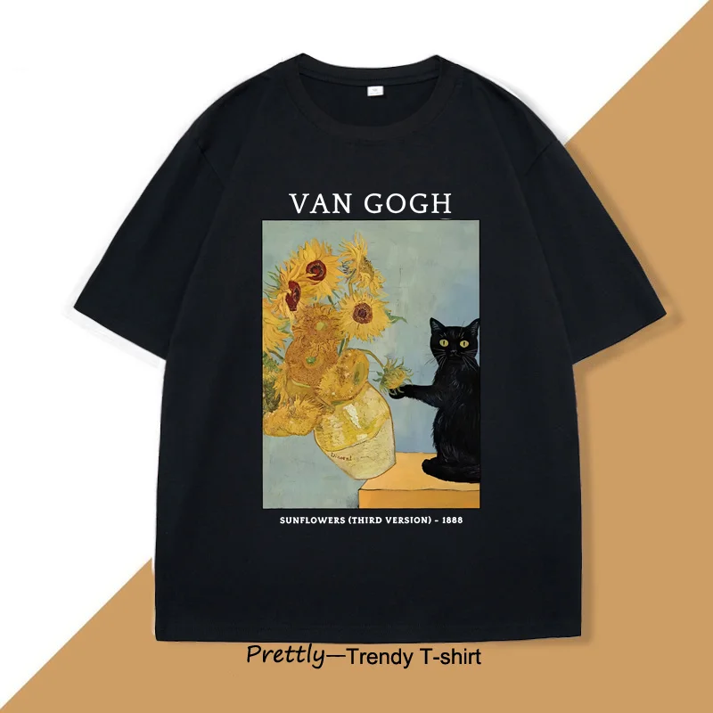 الرجال الملابس للجنسين فان جوخ عباد الشمس تي شيرت مطبوع خمر Harajuku قصيرة الأكمام تيز عادية مستديرة الرقبة القطن التي شيرت الملابس #1