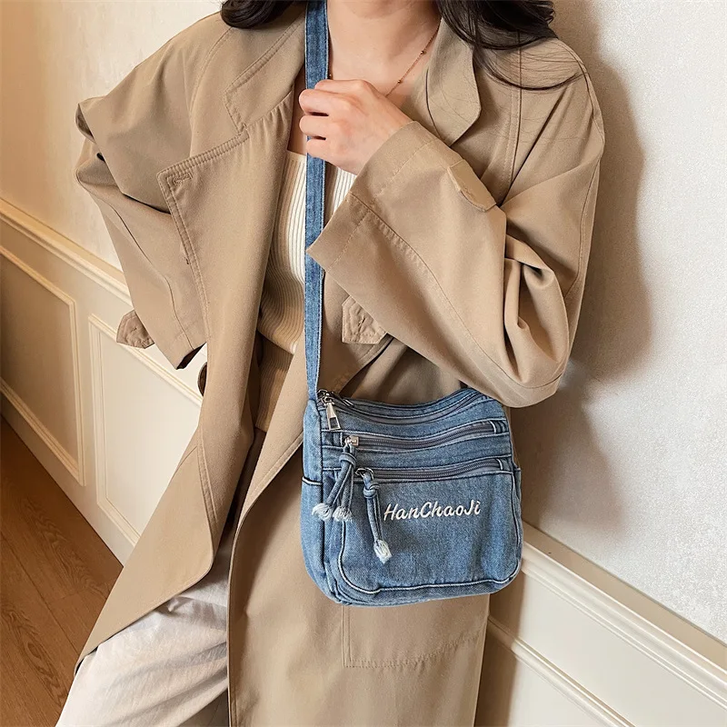 Wear-resistant denim embroidered letter shoulder messenger bag with large capacity and multiple pockets, crossbody women's bag