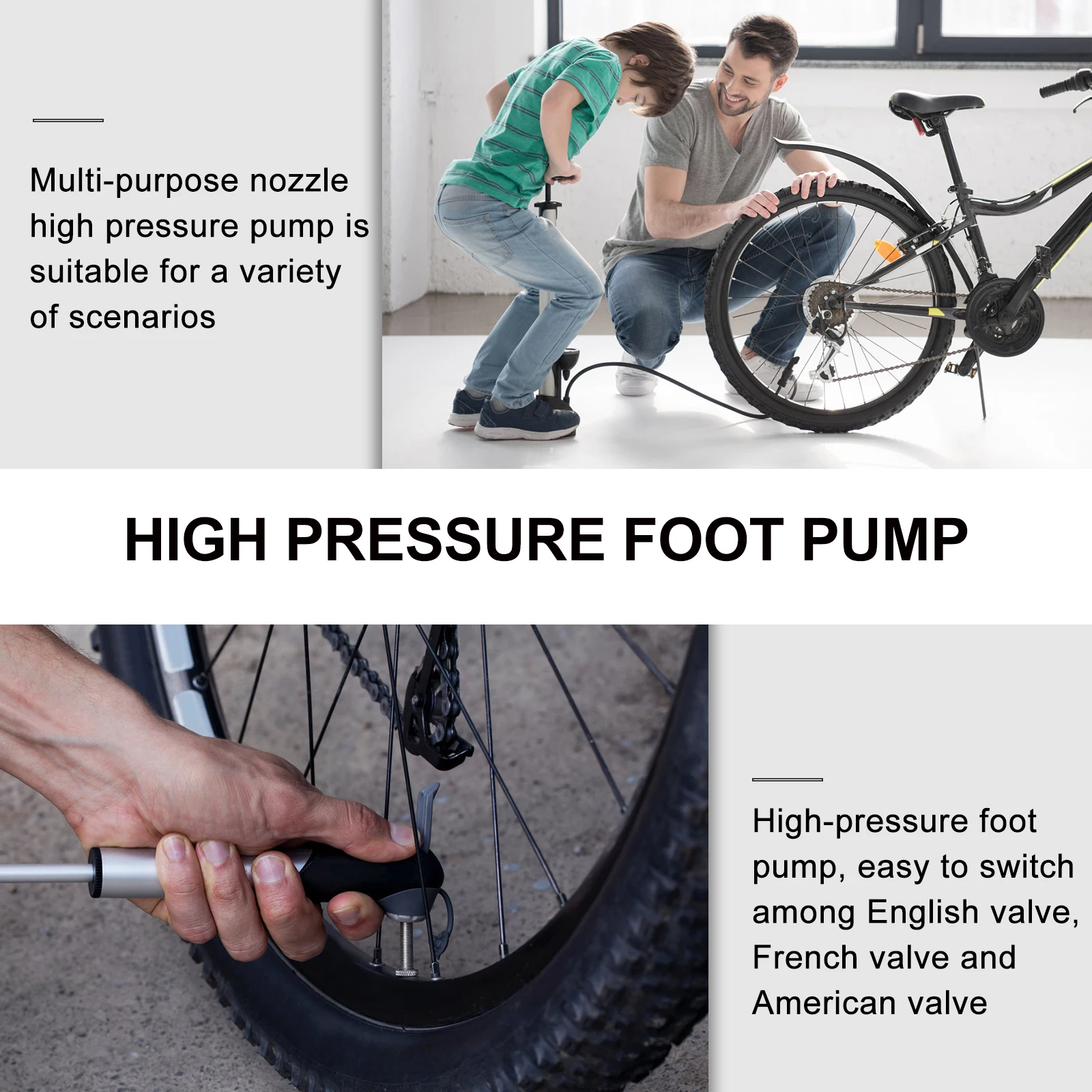 

High Pressure Foot Tire Inflator Pedal Cylinder Bike Pump Portable Floor Air Pump Durable Non-Slip Sturdy Multi Valve English