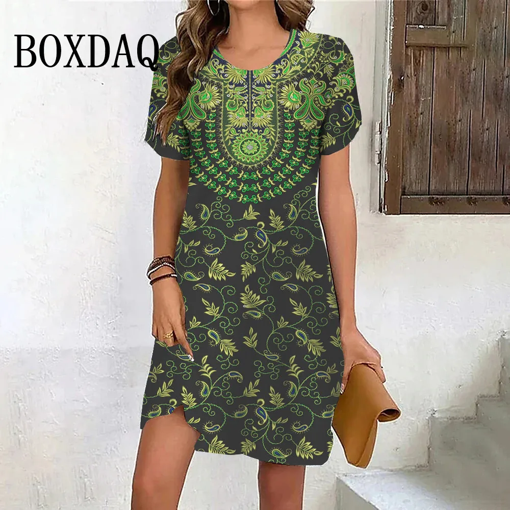 Casual Elegant Ethnic Style Retro 3D Print Round Neck Mini Dress Summer Women's Dress Short Sleeve Holiday Dresses 2024 Vestidos