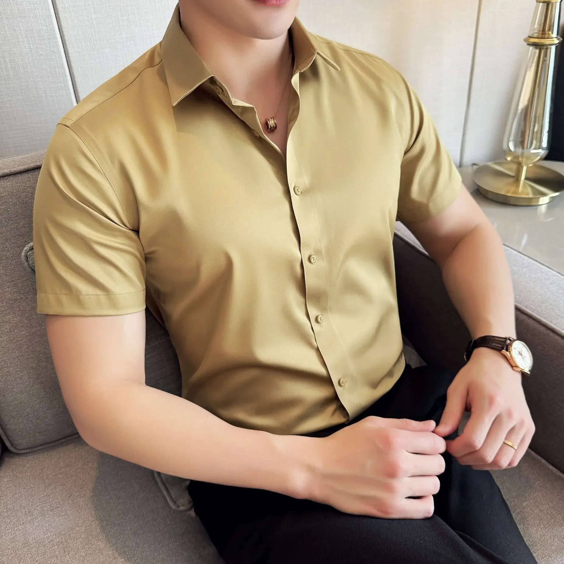 S~6XL increase luxury summer mercerized satin short sleeve shirt ice silk cool half sleeve solid color business casual men shirt