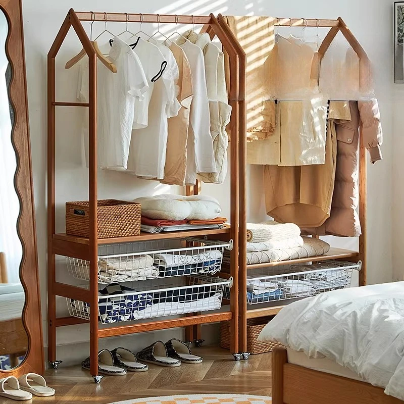 Solid wood coat rack cherry wood floor removable bedroom autumn and winter clothes storage household hanger