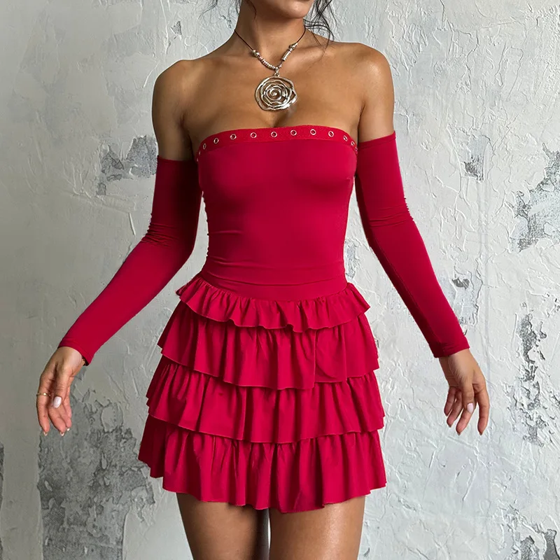 

One-word Shoulder Dress 2025 Autumn New Sexy Pleated Dress Long-sleeved Dress