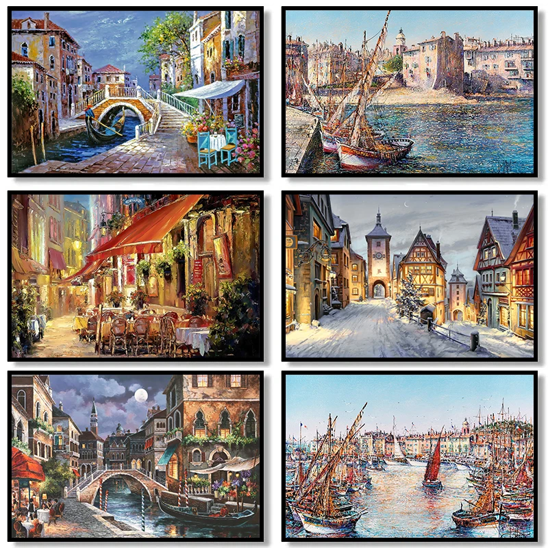 Póster de paisaje clásico e impresión de puerto de Venecia, paisaje de Ciudad de París, arte de pared, pintura en lienzo Multicolor, decoración del hogar, estética