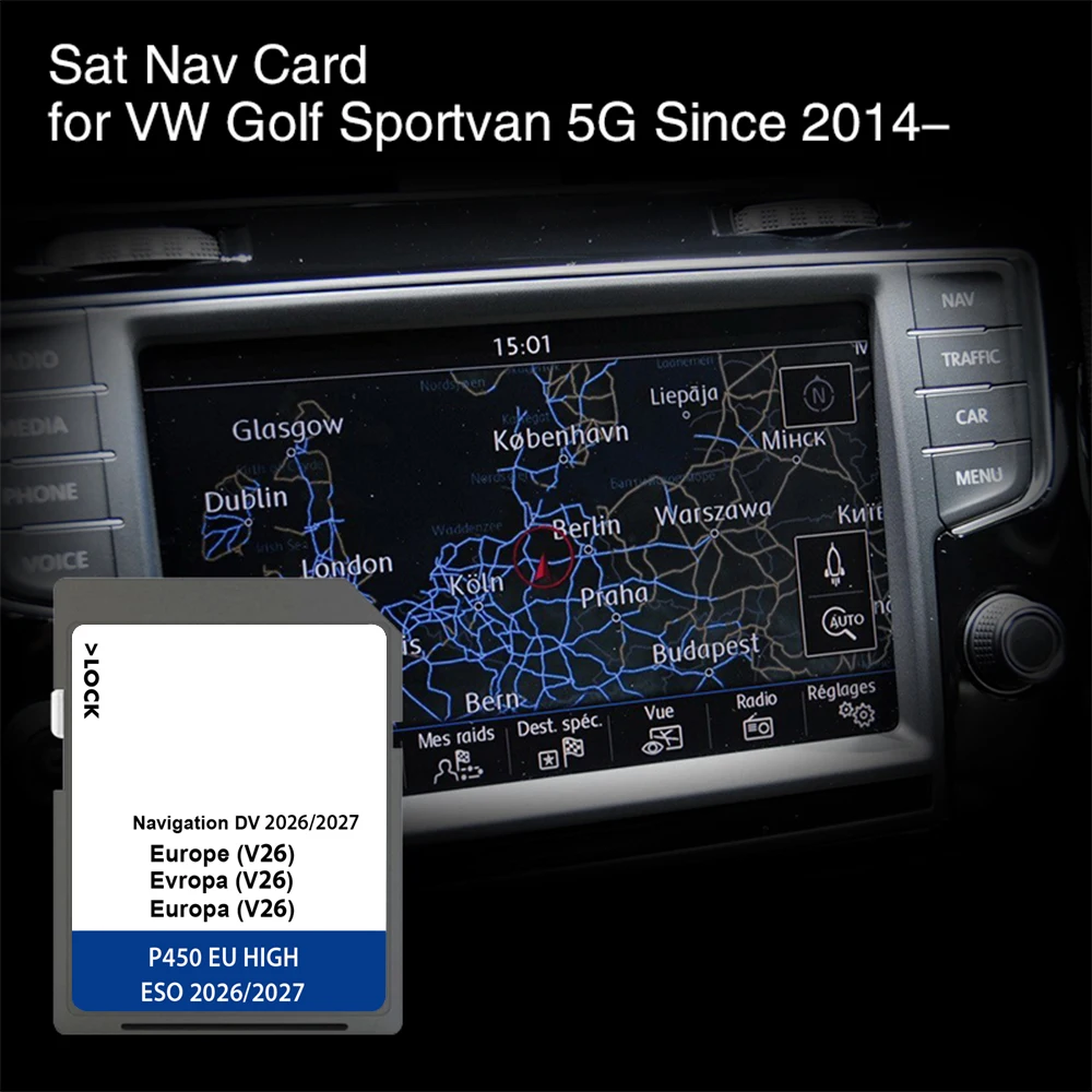 DV V26 for Volkswagen Golf Sportvan 5G from 2014 Car Discover Pro Cover France Italy Poland Maps GPS Sat Nav 64GB Memory Card