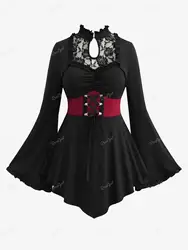 ROSEGAL Plus Size Gothic T-shirt Floral Lace Panel Ruched Lace Up Keyhole Flare Sleeves Asymmetric Corset Tops Black Tees