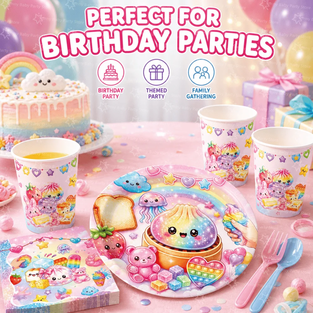 60 Stück Squishy Geburtstagsdekorations-Geschirr Rosa Spielzeug Einweg-Pappbecher Teller Servietten Party-Geschenke Babyparty-Spielzeug – Detail 8